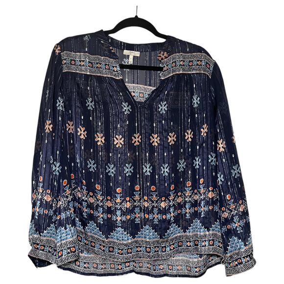 Joie Sendoa Metallic Silk Geometric Print Long Sleeve Blouse Navy Blue Size S - Picture 2 of 6